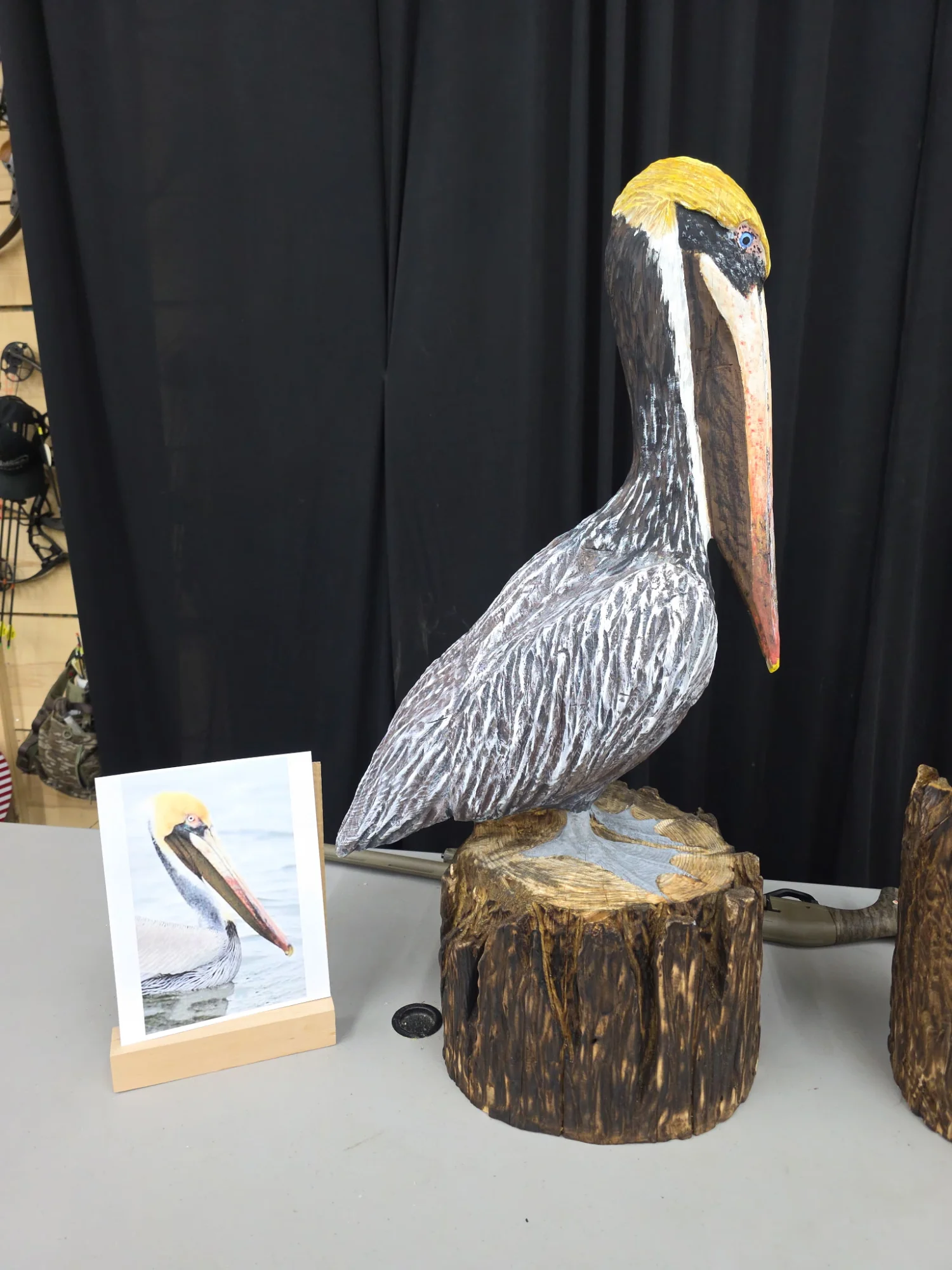 Brown Pelican chainsaw carving perched on a wooden stump with reference photo
